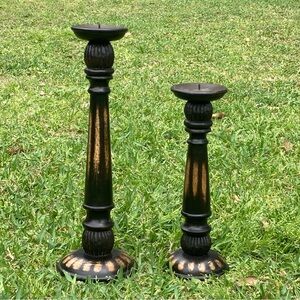 Hand Carved Wood Candle Holders S/2